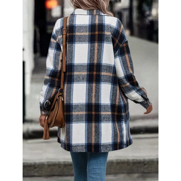 Preppy long Plaid Print Flap Pocket shacket jacket boyfriend - Picture 4 of 4